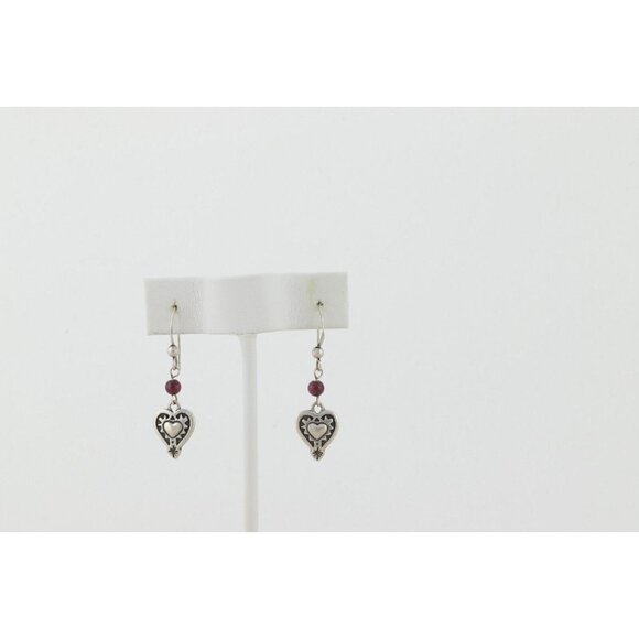 Sterling Silver Garnet Heart Earrings Dangle Drop 1 1/2" x 3/8" - Picture 7 of 7